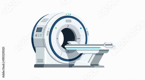 Modern illustration of a white and blue CT or MRI scanner with a circular gantry and an attached patient examination table, used for medical diagnostics.