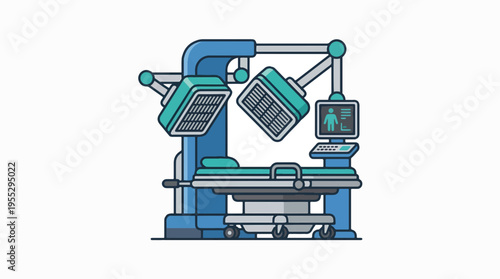 An illustration of modern surgical equipment, featuring an operating table, overhead surgical lights, and a monitor, depicted in a clean, flat design style.