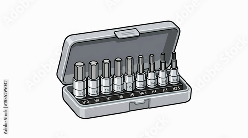 An open gray case displays a set of various sized hex bit tools, ranging from H10 to H2.5, suitable for fastening and repair tasks.