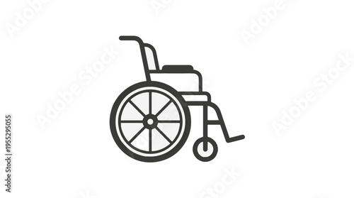 A minimalist, dark grey line art icon of a wheelchair, shown in side profile against a white background. It depicts the seat, wheels, and footrests.