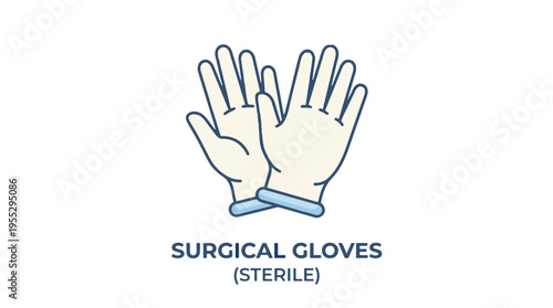 A flat illustration of two sterile surgical gloves, depicted with open palms and blue cuffs, set against a white background.