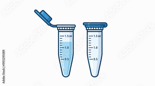 Two cartoon-style microcentrifuge tubes. One is open with blue liquid, the other is closed. Both have volume markings.
