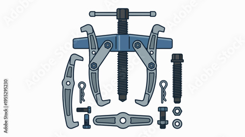 An illustration of a gear puller tool with its various components, including the main pulling mechanism, arms, and fasteners, arranged neatly.