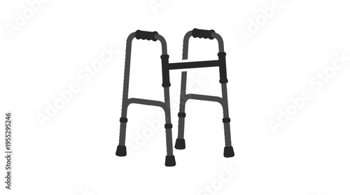 A grey walker with two handles and black rubber tips on the legs, on a white background.