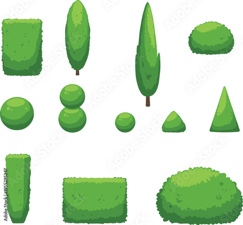 Collection of green hedge and topiary shapes including bushes trees and shrubs in flat cartoon style isolated on white background