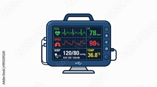 A medical monitor displays ECG, SpO2, NIBP, and temperature readings, indicating vital signs.