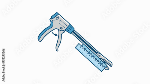Surgical stapler, an instrument for closing wounds or tissues with staples, shown from the side against a white background with a diagrammatic aesthetic.