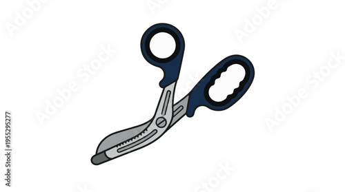 A pair of EMT shears with blue handles and a serrated blade, depicted in a simple, illustrative style against a white background.
