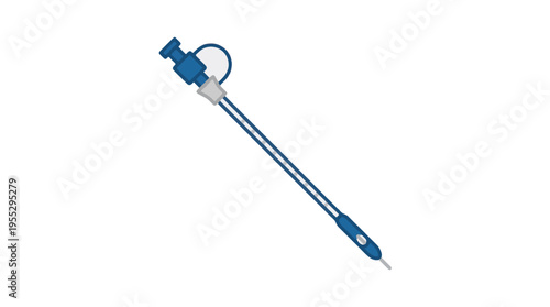 A blue and white medical device with a long, thin tube and a plunger mechanism. It appears to be a type of syringe or applicator for precise dispensing.
