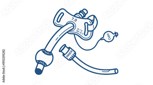 Line drawing of a tracheostomy tube with an inner cannula and cuff, labeled with size information.