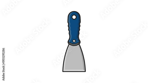 A blue-handled metal putty knife, isolated on a white background.