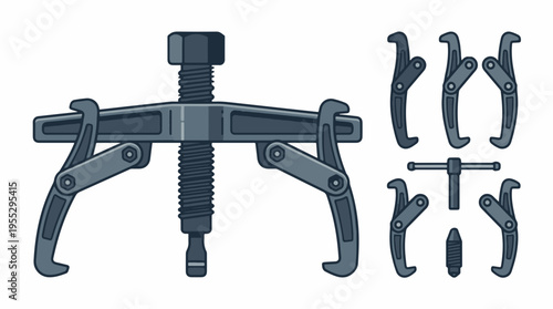 Illustration of a three-jaw bearing puller and its components, including interchangeable jaws and a central screw, on a white background.