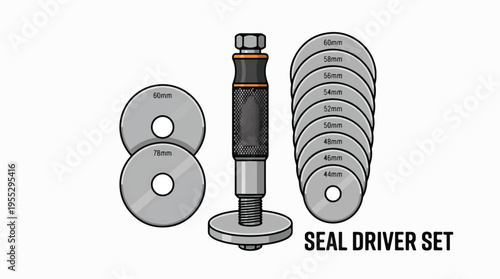 A seal driver set with a handle and multiple sized circular drivers, perfect for installing seals precisely.