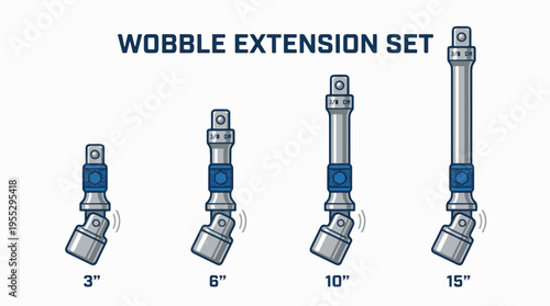 This image displays a set of four wobble extension bars for sockets, ranging in length from 3 to 15 inches.