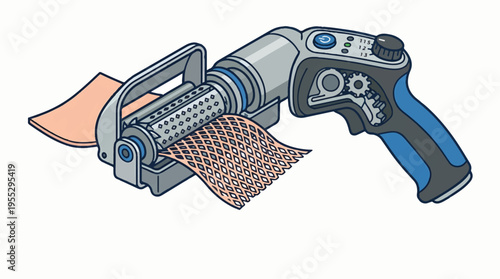 A handheld device with a roller and a textured surface, designed to create perforated patterns on material, with a pistol grip and controls.