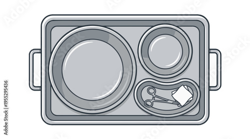 Medical tray with instruments including forceps, scissors, and gauze, along with two basins, suggesting surgical or wound care preparation.