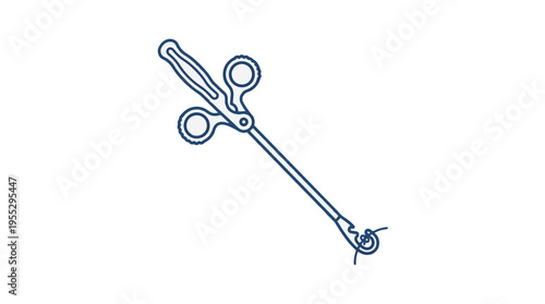 A line drawing of a surgical instrument with a long shaft and grasping jaws, used for minimally invasive procedures.