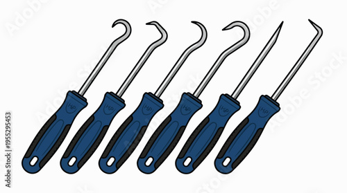 A set of six pick and hook tools with blue and black handles, featuring various hook and pointed metal tips, designed for precision work like retrieving, installing, or removing seals and O-