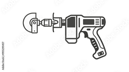 A black and white line art icon depicting a power drill with an angle grinder or circular saw attachment. Represents versatile tool adapters or multi-purpose equipment.