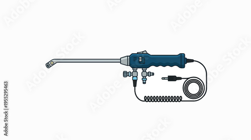 A stylized illustration of a handheld device with a long nozzle, a trigger, and a coiled cable connected to an electrical plug.