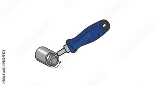 An illustration of a pipe deburring tool with a blue handle, shown deburring the inside edge of a metal pipe with a rotating motion.