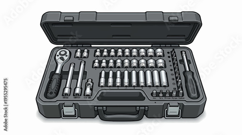 An open gray toolbox displays a comprehensive socket wrench set including a ratchet, numerous sockets, extensions, screwdriver bits, and drill bits, neatly organized.