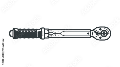 A black and white illustration of a torque wrench with a knurled handle and adjustable settings for precise tightening.