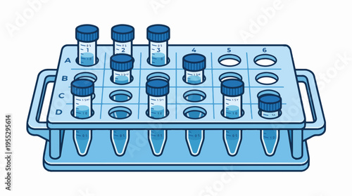 A blue rack holds eight tubes with blue caps, each containing a light blue liquid. The rack has labeled rows A-D and columns 1-6.