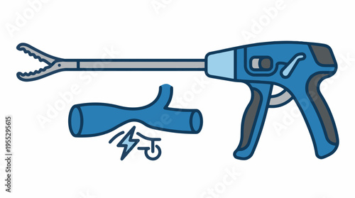 A blue surgical instrument with grasping jaws at the end of a long shaft, positioned near a blue, stylized representation of a blood vessel.