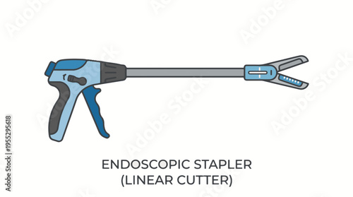 A diagram of an endoscopic stapler, a surgical instrument used for cutting and stapling tissue during minimally invasive procedures.