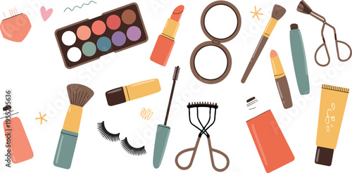 Women cosmetic products beauty set including mascara lipstick eye shadows brush concealer lip gloss sponge trendy hand drawn doodle style