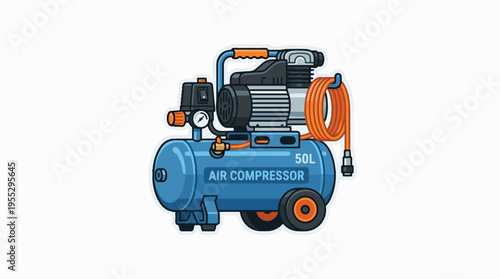 A cartoon-style illustration of a blue 50L air compressor with an orange hose and black details on a white background.