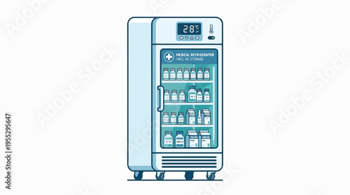 A medical refrigerator with a digital display showing 2.8°C, filled with bottles and vials, indicating vaccine storage.