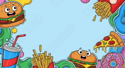 Cartoon fast food frame with cute burgers, fries, pizza, donuts, and soda on a light blue background, perfect for menus or invitations.