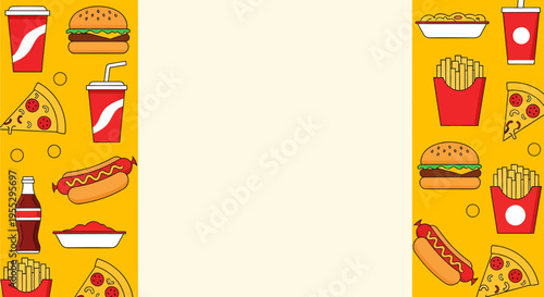 A vibrant yellow background with cartoon fast food items like burgers, fries, pizza, hot dogs, and soda framing a central blank space, perfect for menus or promotions.