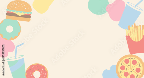 A pastel-colored cartoon illustration of various fast food items forming a decorative border on a light beige background.