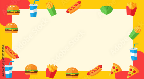 A cartoon frame with various fast food items like burgers, hot dogs, fries, drinks, and pizza on a yellow background.