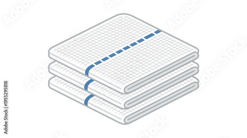 An illustration of three neatly folded white cloths stacked, each featuring a blue stripe and subtle grid pattern, commonly used for hygiene.