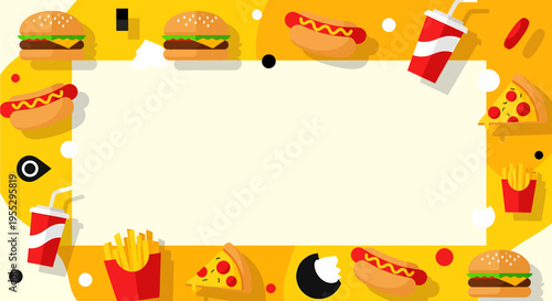 A vibrant yellow background with a rectangular frame surrounded by various fast food items like burgers, hot dogs, fries, pizza, and soda.