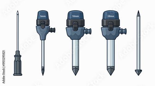 Collection of surgical instruments, including a scalpel and three different sized trocar sets with clear caps.
