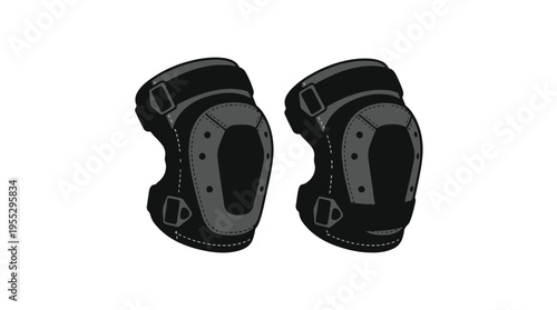 A pair of black and grey protective knee pads with straps and buckles.
