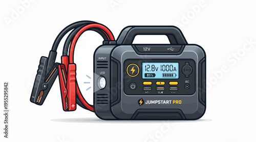 Portable 12V jump starter power bank with jumper cables, LED light, and digital display. Ideal for car emergencies.