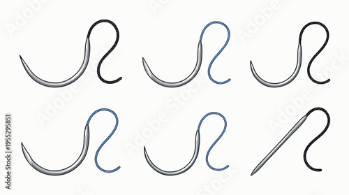 Medical sutures with curved and straight needles in black and blue thread. Surgical supplies for wound closure.
