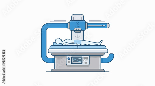 A modern medical scanner uses X-ray technology to analyze a patient lying on a table, with the scanner arm moving above.