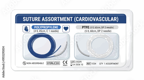 Cardiovascular suture assortment featuring polypropylene and PTFE sutures with needles. Non-absorbable, sterile, and EO sterilized for medical use.