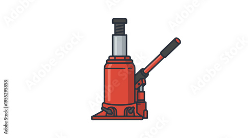 A red hydraulic bottle jack with a black handle is depicted in a flat, vector illustration style on a white background.