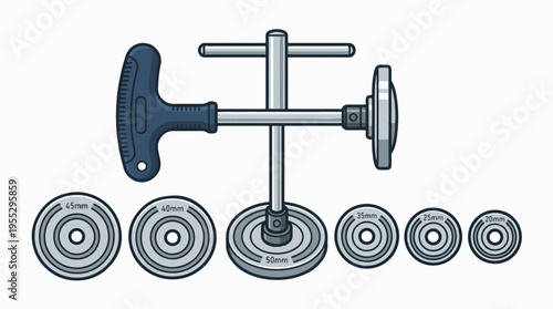 Tool with a handle and adjustable arm, accompanied by various circular discs of different sizes, some labeled with measurements.