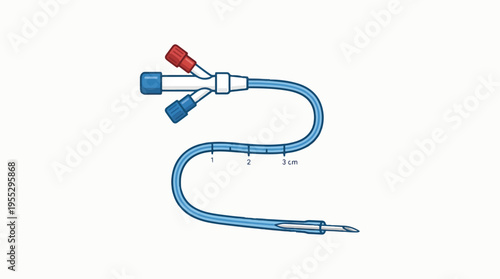 A sterile medical device for fluid access, featuring two capped ports, a flexible tube with centimeter markings, and a beveled tip.