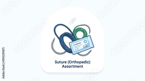 Illustration of orthopedic sutures, showing coiled threads with needles, and a medical packaging.