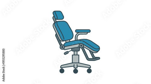 A blue dental chair with a headrest, armrests, and a footrest. It is on wheels and has an adjustable mechanism.